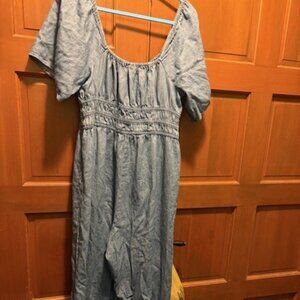 Old Navy • Waist Defined Denim Puff Sleeve Wide Leg Blue Jumpsuit Size Large
